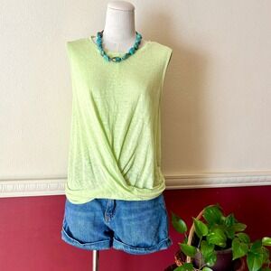 J.jill Love Linen Lime Green Twist Front Sleeveless Knit Top M Semi-Sheer Bright